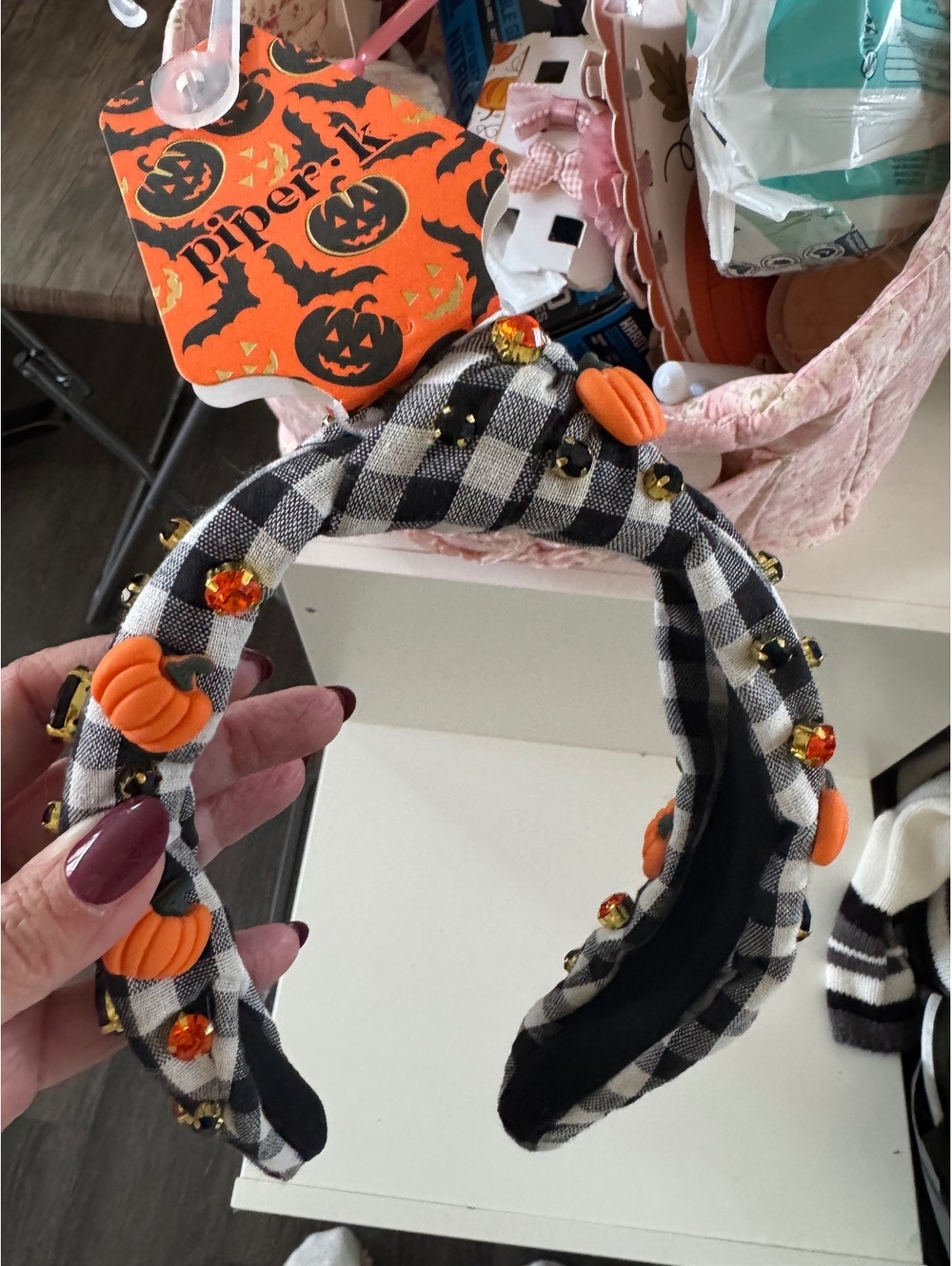 Piper K Halloween Pumpkin Jeweled Headband Black White Gingham Plaid